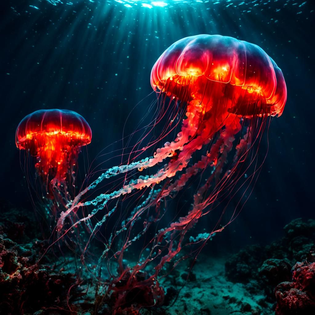 Giant Red Bioluminescent Jellyfish in the Sea