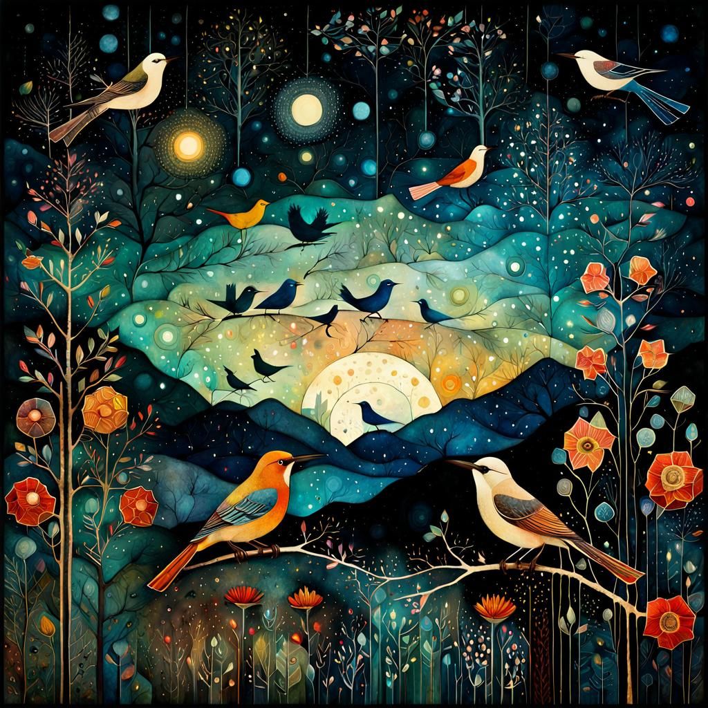 Birds in Night Sky: Folk Art Watercolor