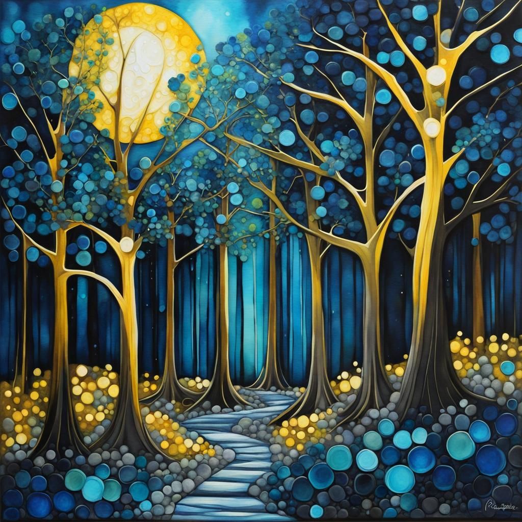Moonlit Arabesque Forest in Alcohol Ink Style