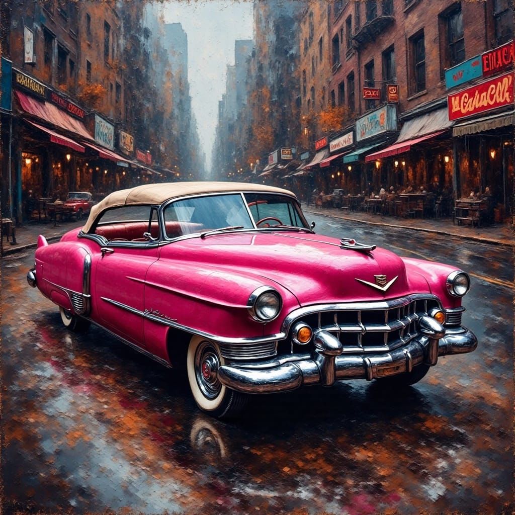 Grungy Oil Painting of a Pink Cadillac