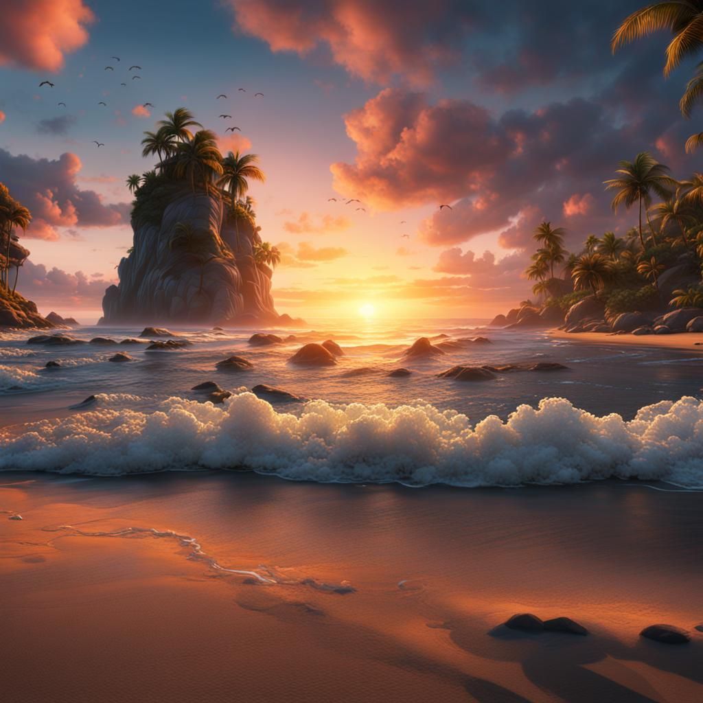 Beautiful Beach Sunset: Fantasy Concept Art