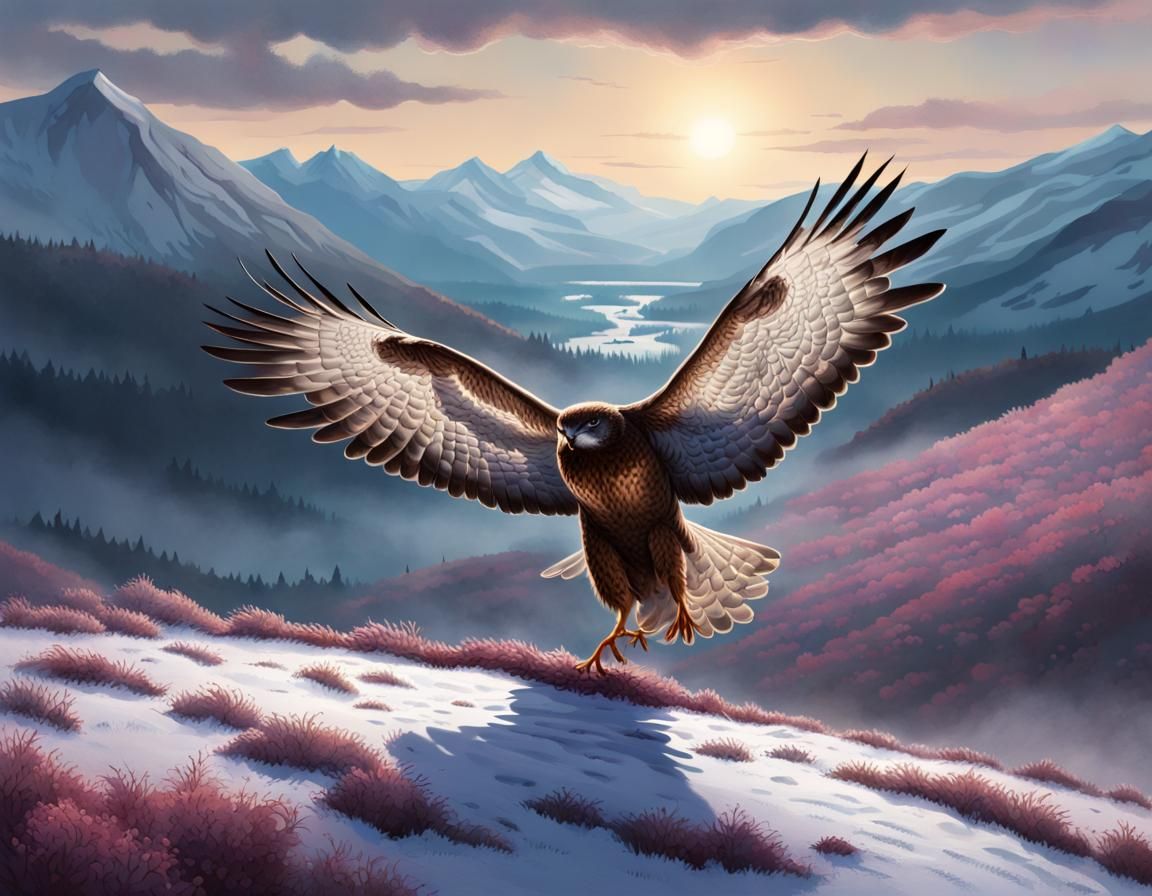 Hawk Over Frosty Heather Field in Hyperrealistic Style