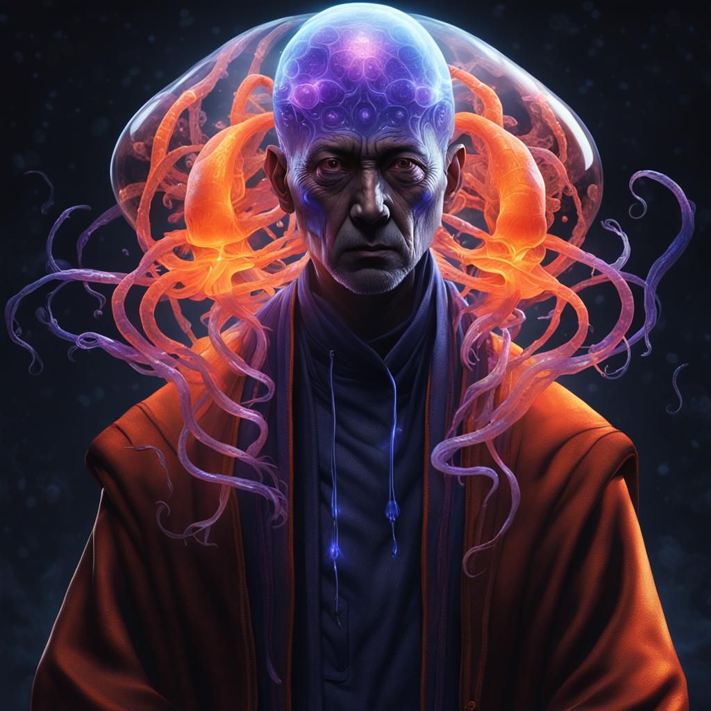 Glowing Monk in Bionic Armor, a Cyberpunk Masterpiece