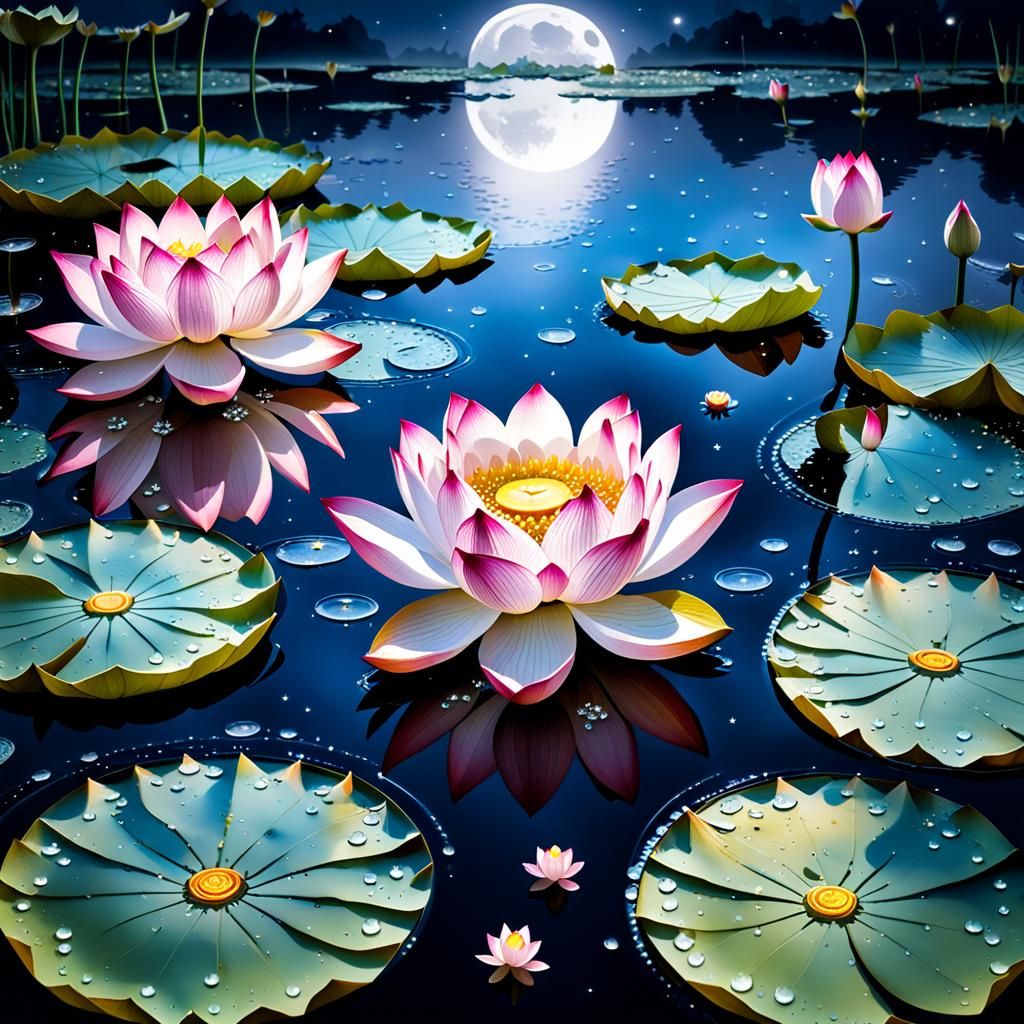 Moonlit Lotus Pond with Silver Filigree