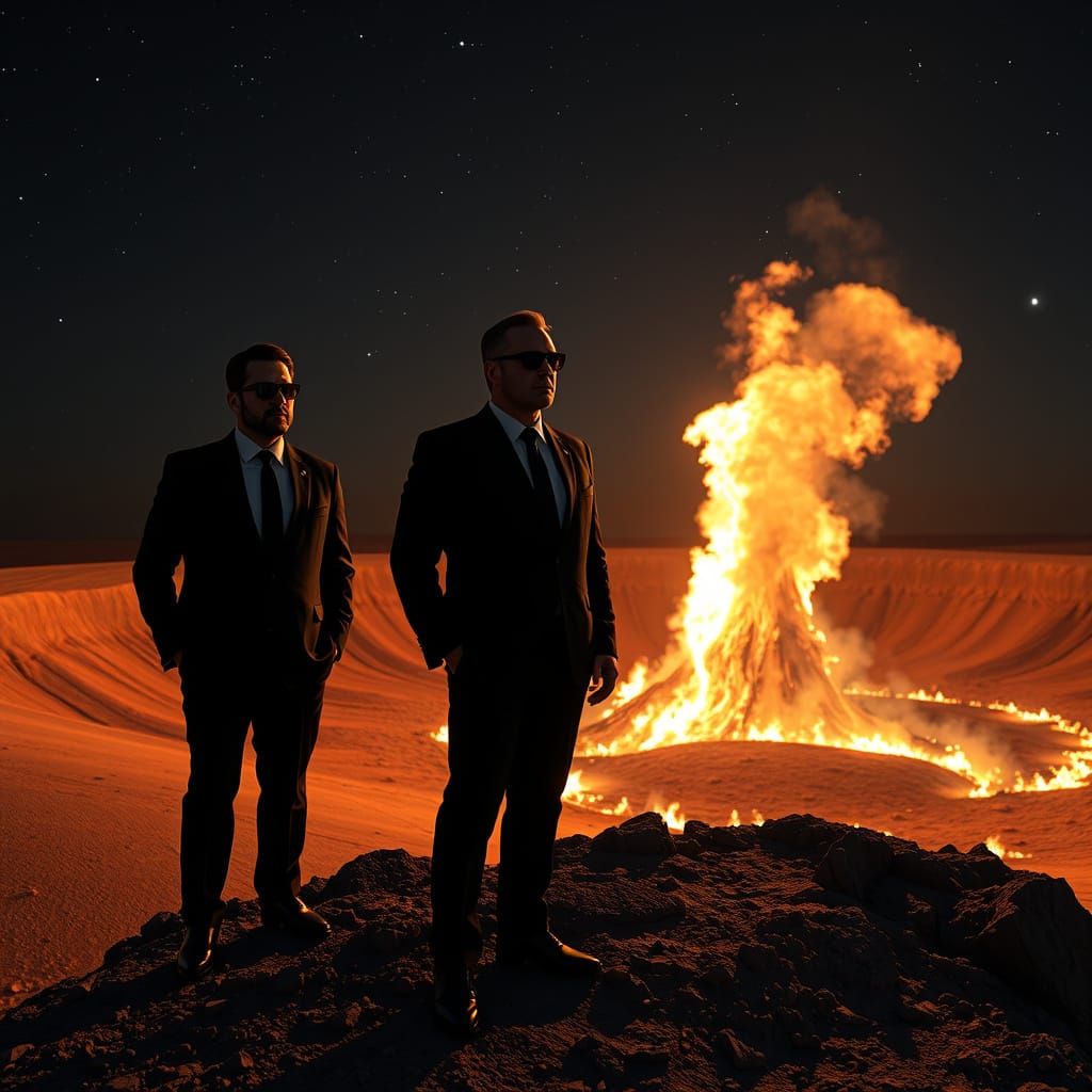 Men in Black Stand at Darvaza Gas Crater's Burning Edge