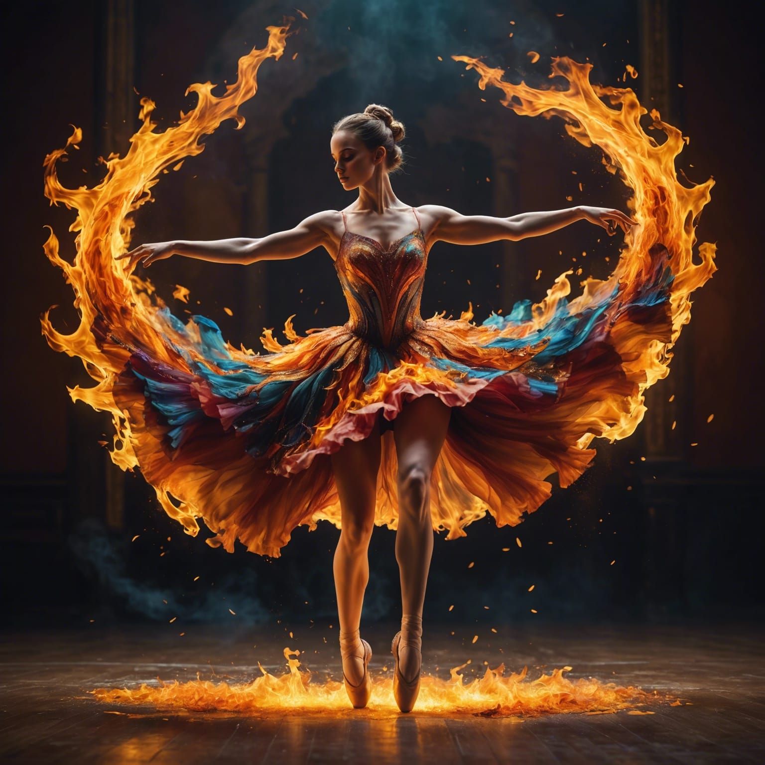 Hyperrealistic Ballerina Dancing Through Flames