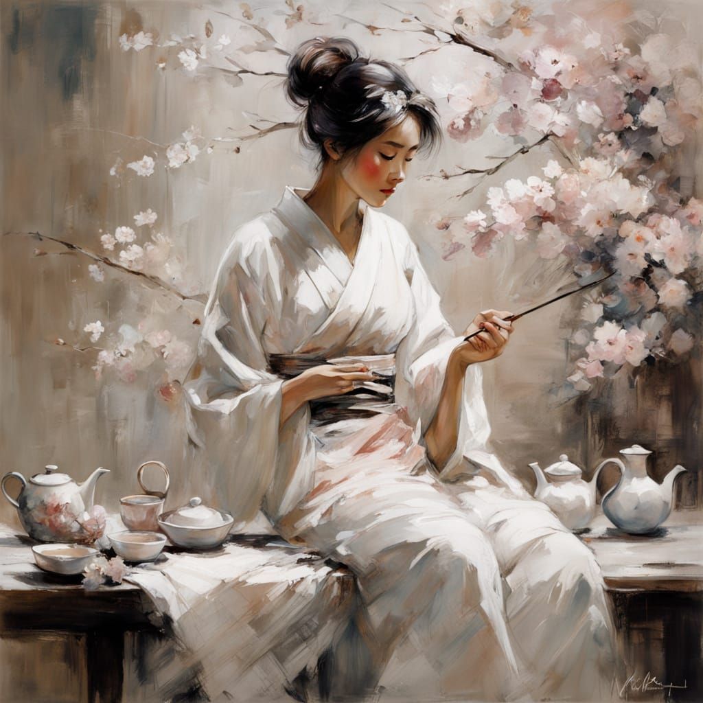 Japanese Tea Ceremony in Serene White Setting with Sakura Bo...
