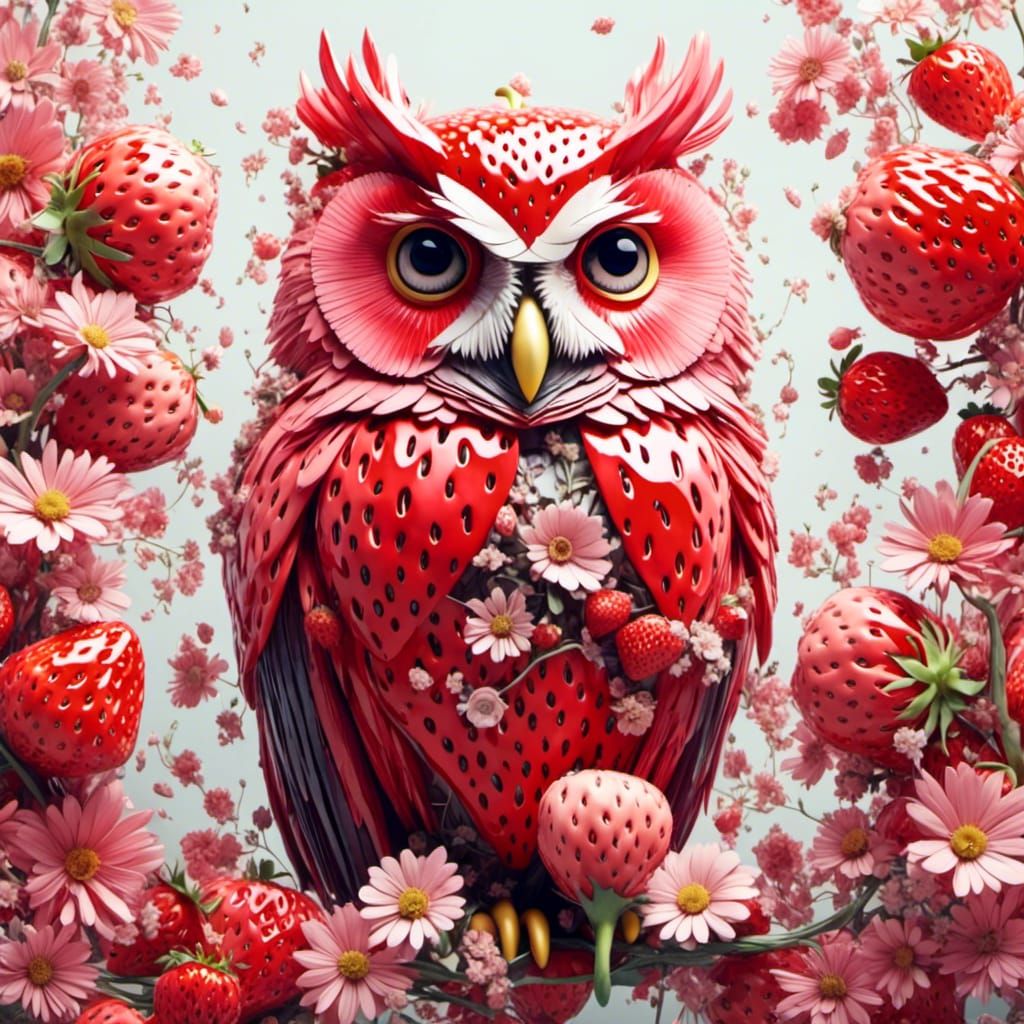 Whimsical Strawberry-Owl Double Exposure with Flowers