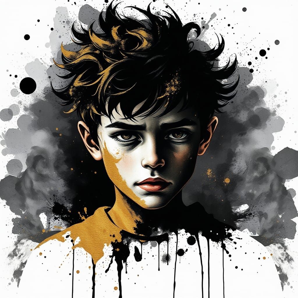 Ink Splatter Art Boy Portrait in Gold and Black
