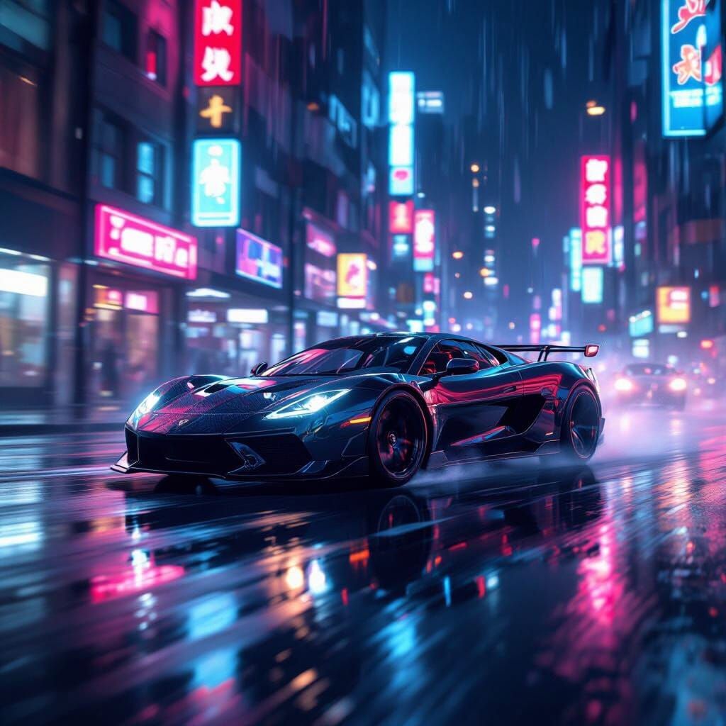 Cinematic Night Drift: Black Sports Car on Wet Urban Street