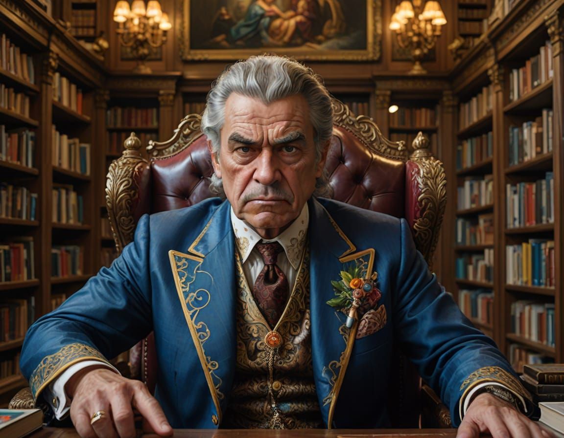 Angry Intellectual in Library: Magical Fantasy Art Oil Paint...