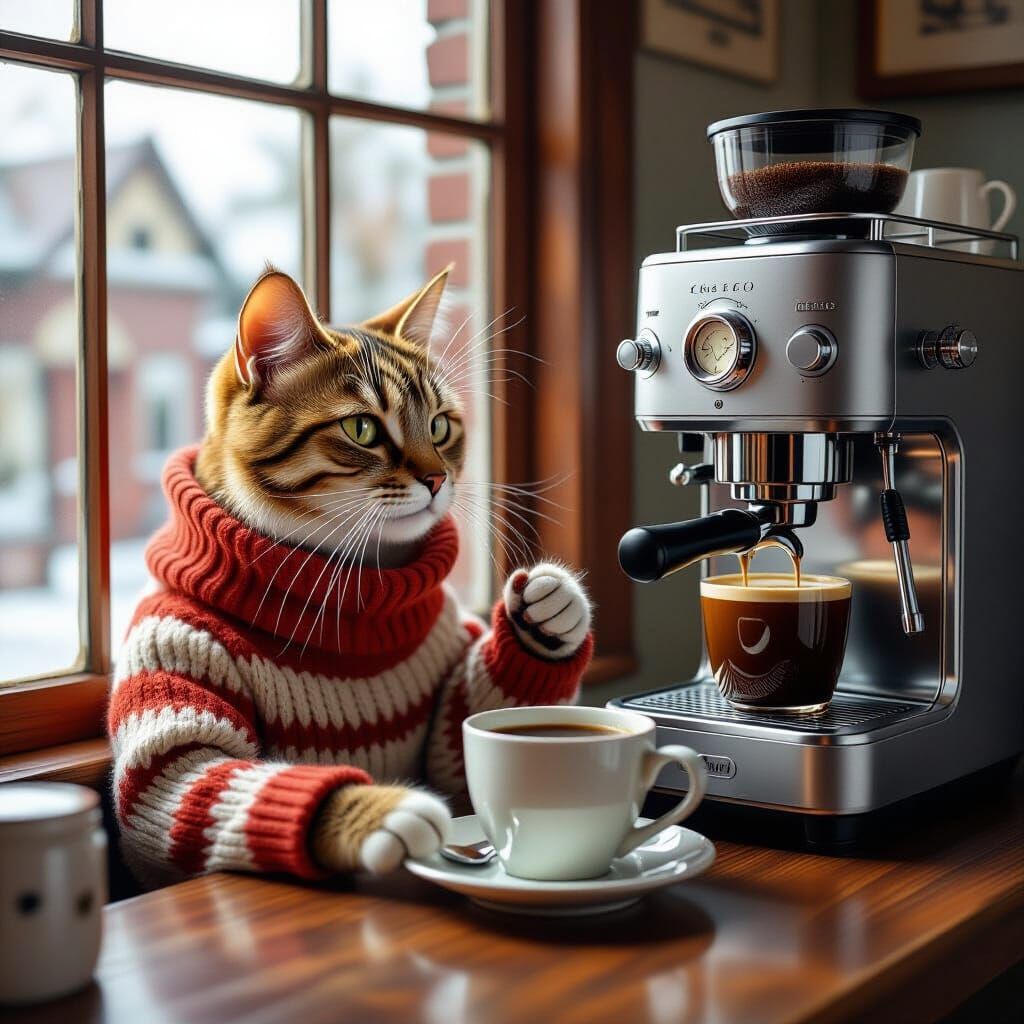 Cozy Cat Enjoying Coffee in Retro-Futuristic Setting