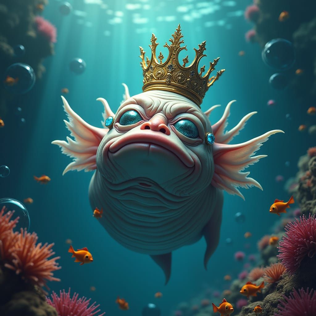 Wise Old Blobfish King in a Mystical Ocean