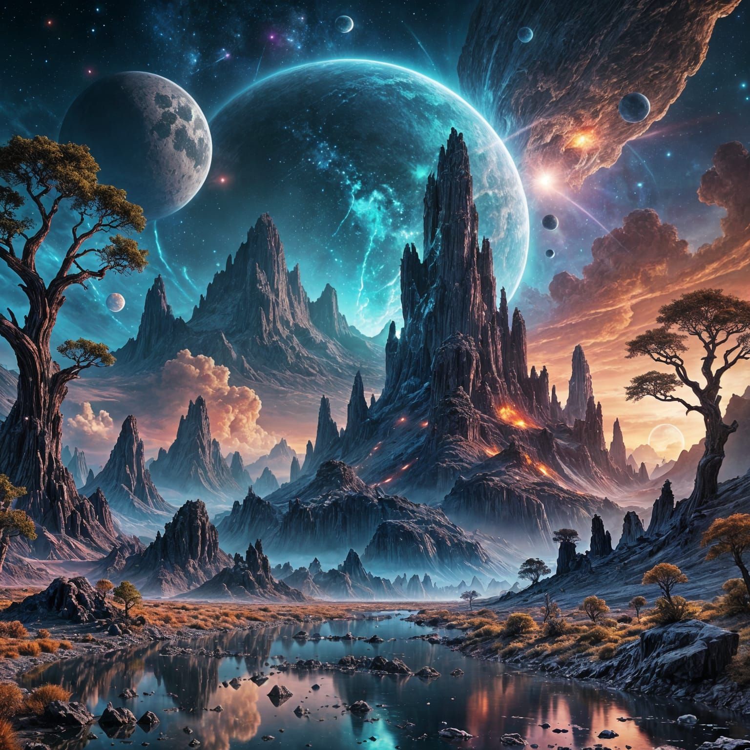 Epic Alien Landscape with Ringed Planet and Stardust