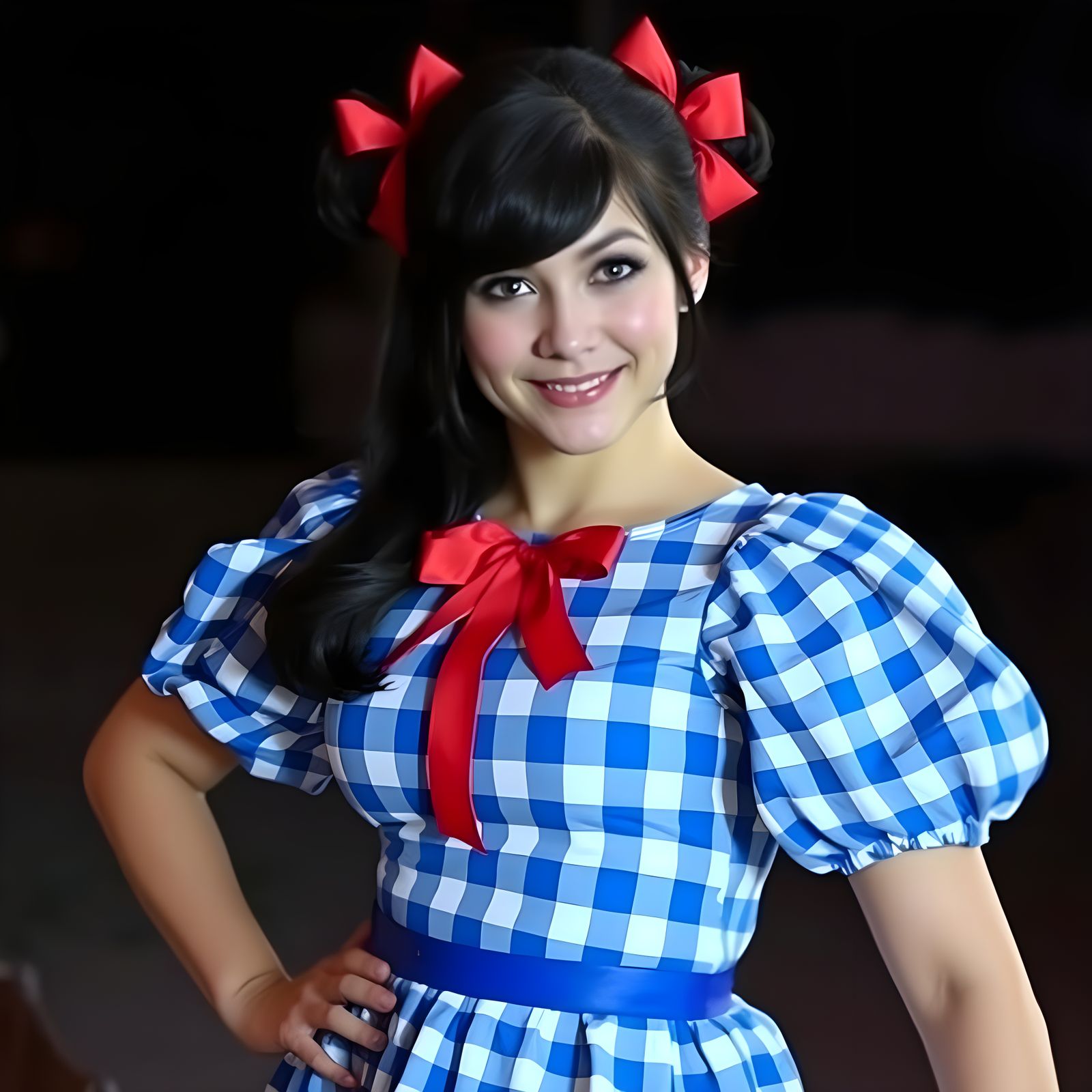 Woman in Playful Checked Costume with Puffed Sleeves and Red...
