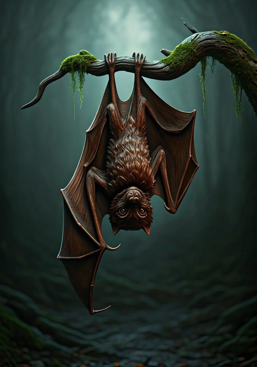 Intricately Carved Wooden Bat Sculpture