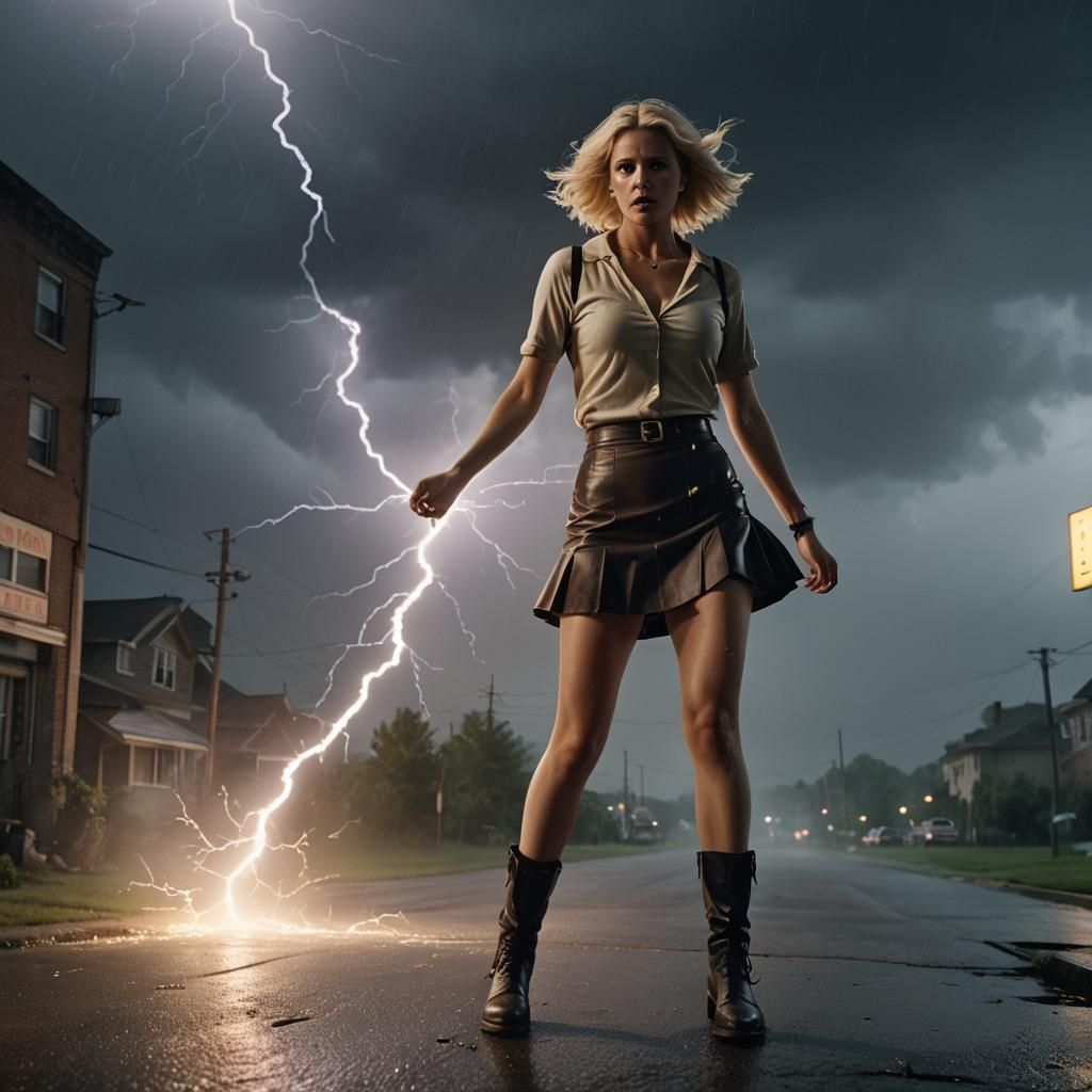 Dramatic Lightning Strike on Blonde Woman: Cinematic Photogr...