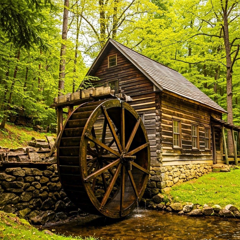 Rustic Waterwheel in Serene Woodscape