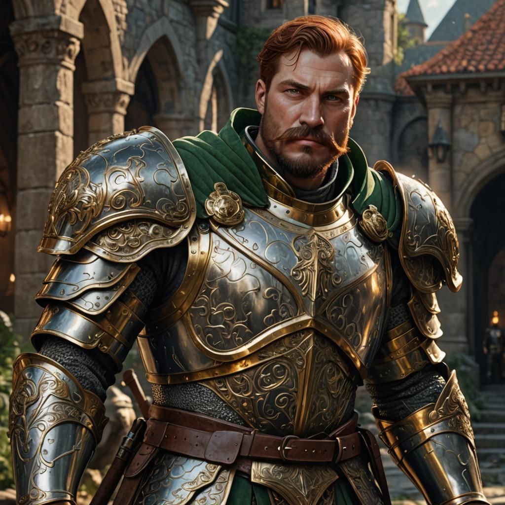 Male human knight. Auburn hair with green eyes. Thick walrus moustache. Broad shoulders. Wears gold and silver armor.