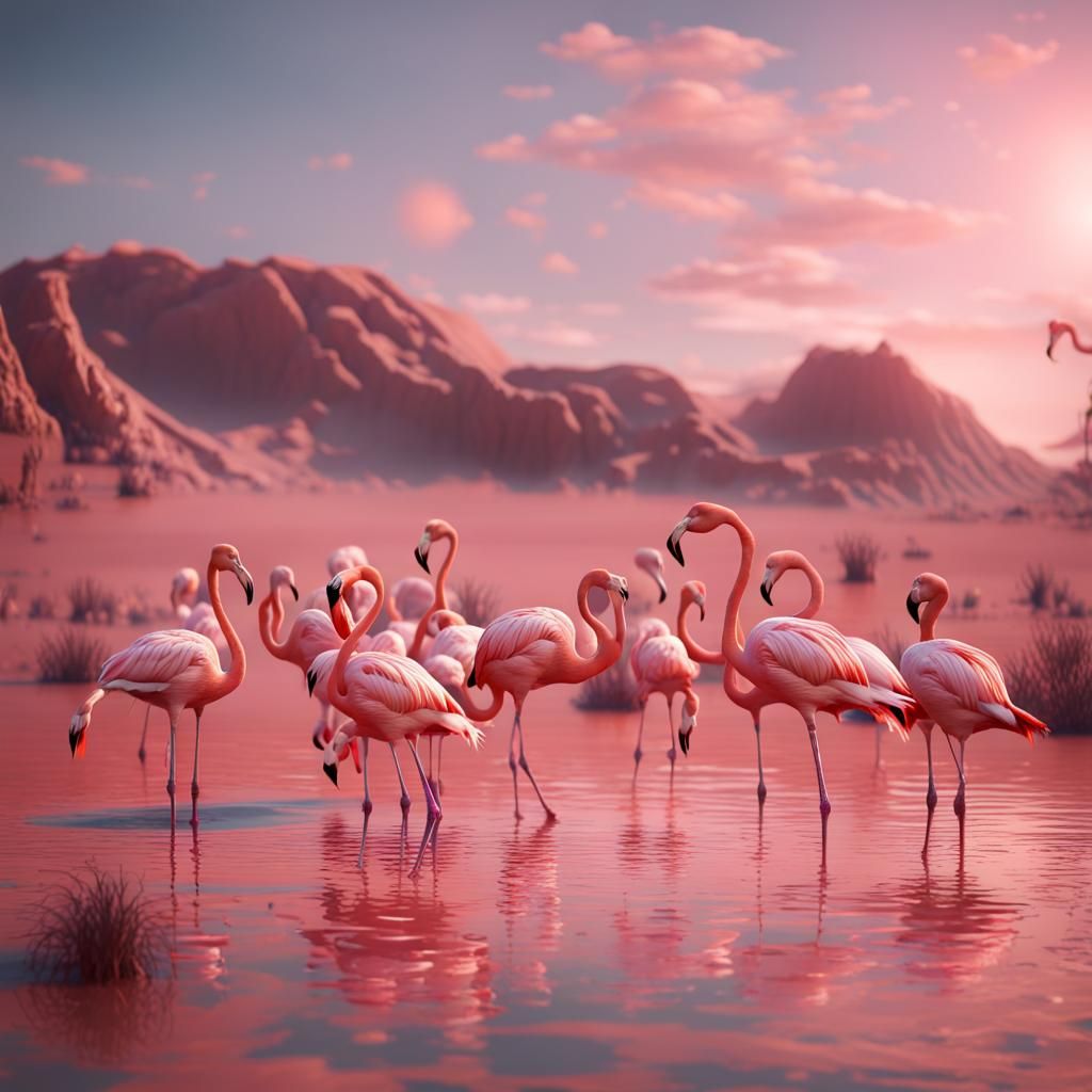 Flamingos in Desert Lake: Fantasy Concept Art