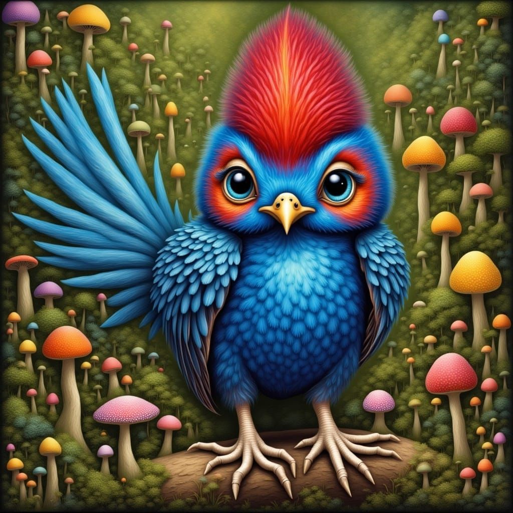 Blue Bird with Red Mohawk in Tropical Setting