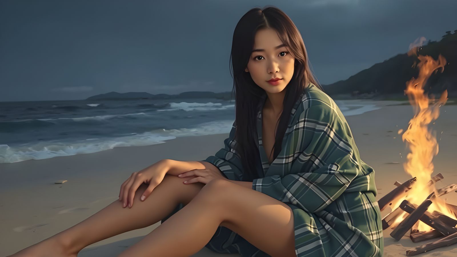 Korean Woman by Bonfire: Hyper-Realistic Concept Art