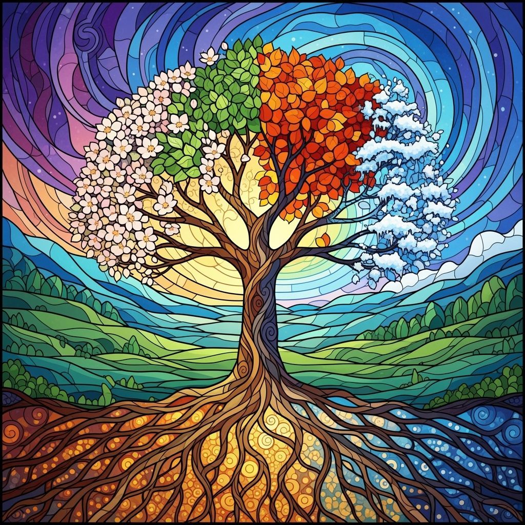 Four Seasons Tree in Stained-Glass Style