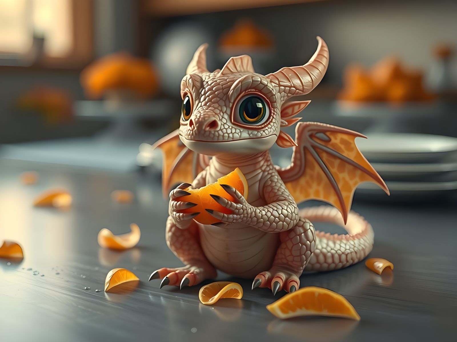 A cute miniature baby dragon eating a piece of an orange bet...