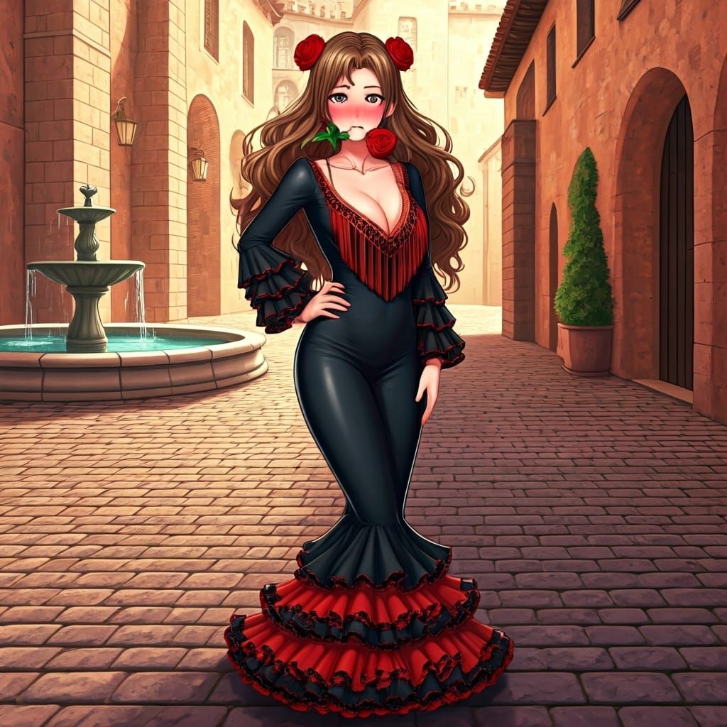 Vintage Anime Lady in Red Flamenco Dress