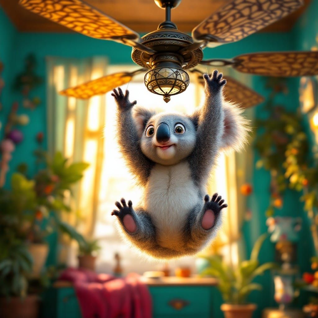 Dizzy Koala's Whimsical Fan Ride: Retro-Futuristic Art