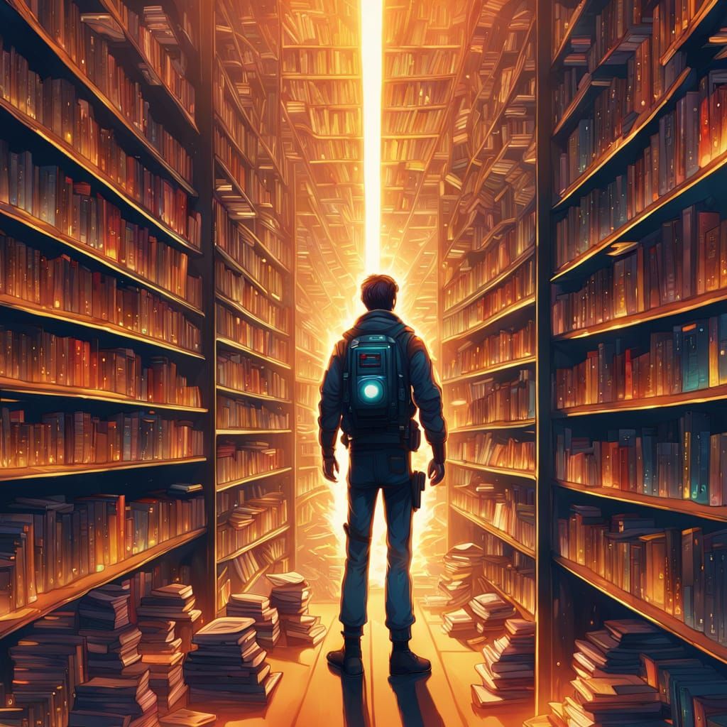 Sci-Fi Bookshop Owner Surrounded by Books
