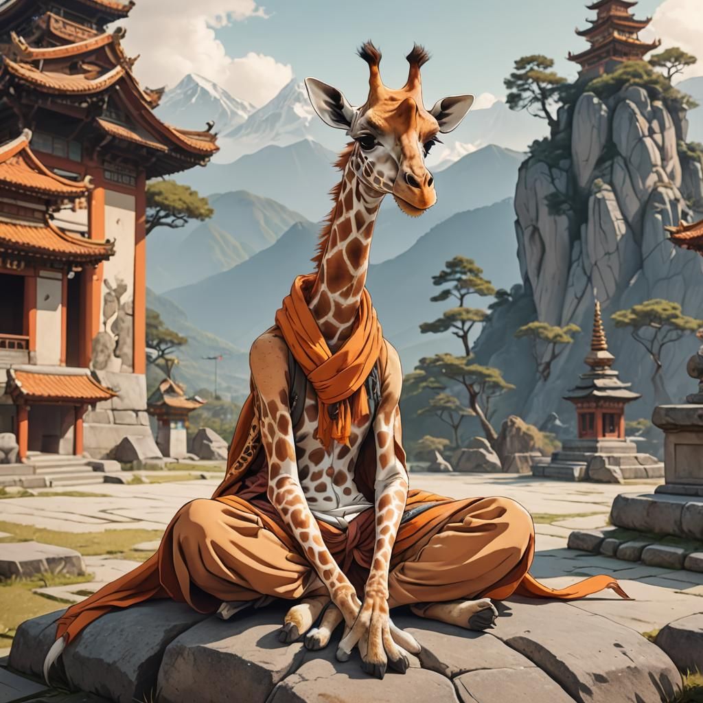 Surreal Cartoon Giraffe in Zen Buddhist Temple