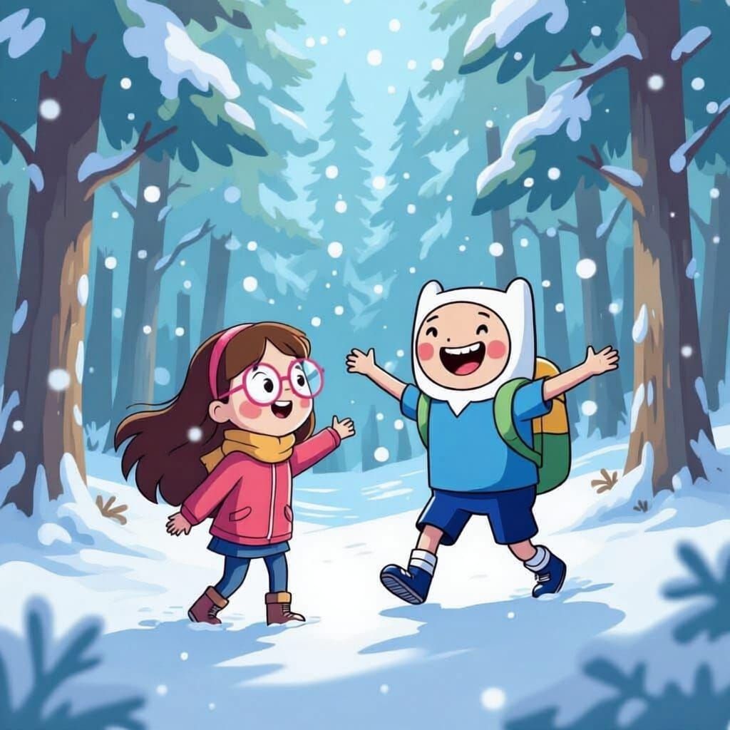 Finn and Girl Play in Snowy Landscape