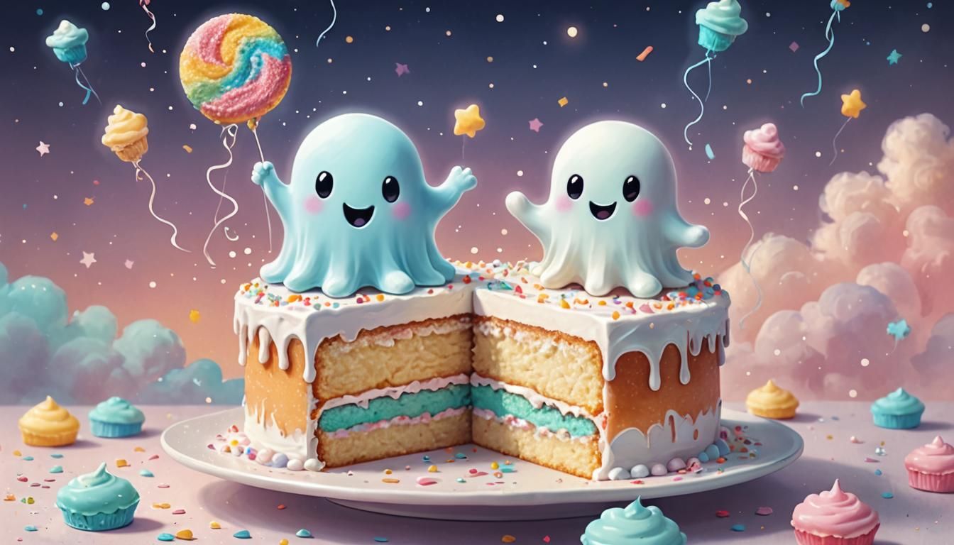 Cute Ghost Reaching for Cake in Pastel Colors
