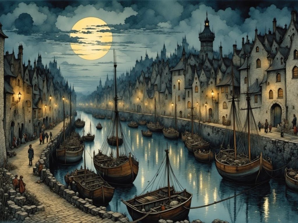 Mysterious Medieval Port City Under Full Moon