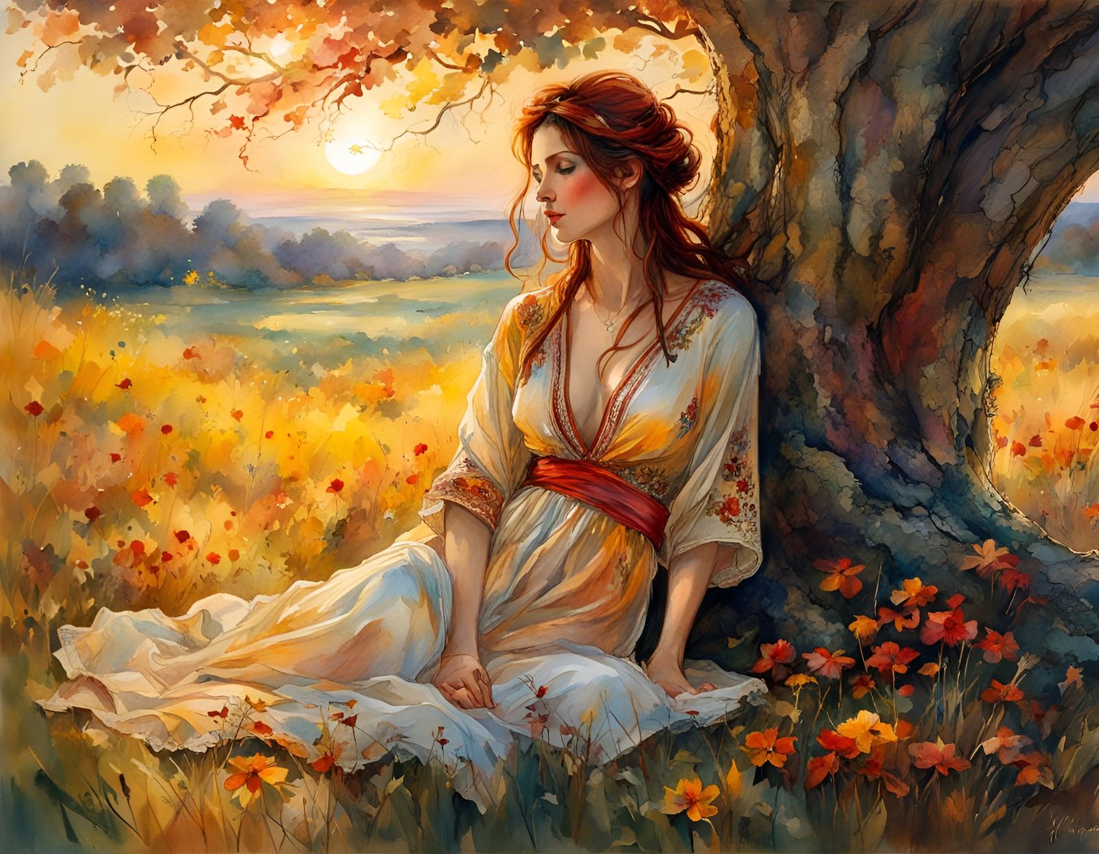 Woman in Meadow, Loose Watercolor Style