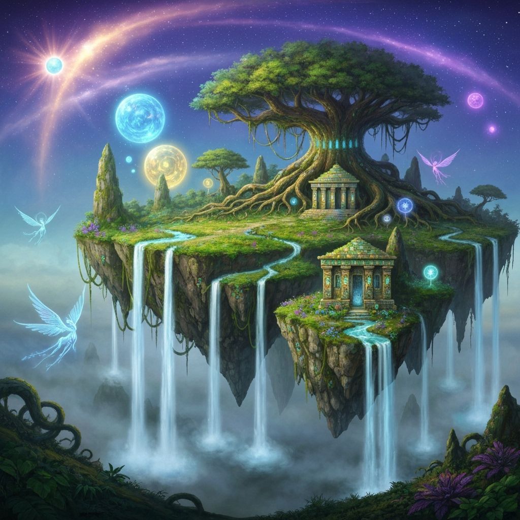 Mystical Floating Island Sanctuary in Starry Sky