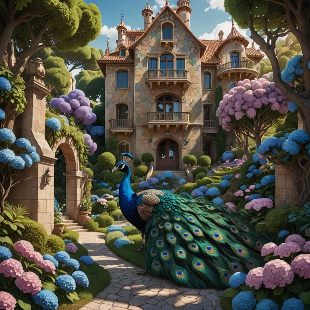 Peacock in Gaudi Villa Garden of Hydrangeas