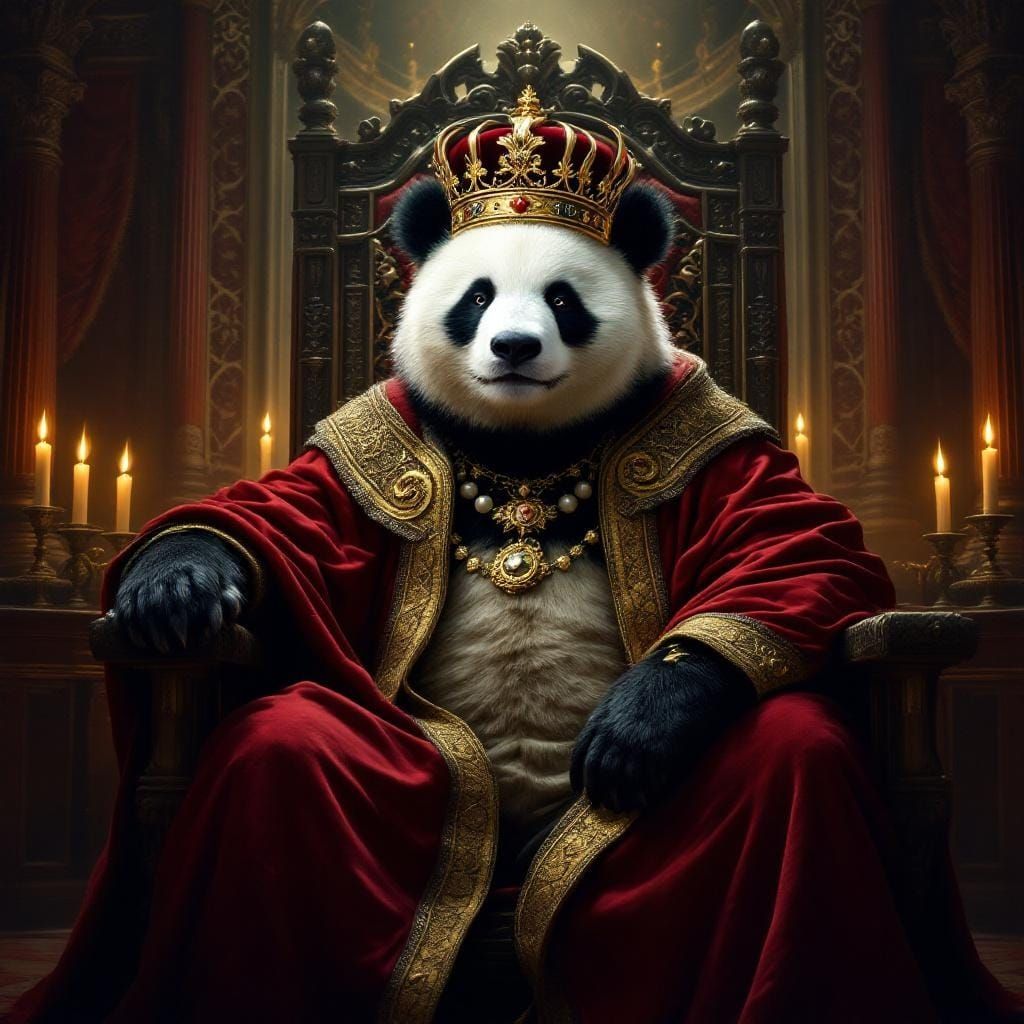 Crowned Panda on Throne in Opulent Hall