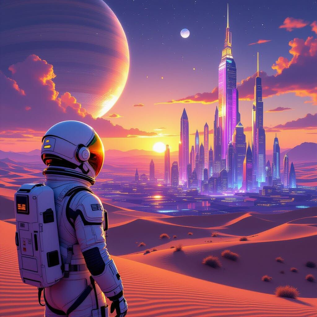 Astronaut Discovers Alien Metropolis Under Binary Sunset
