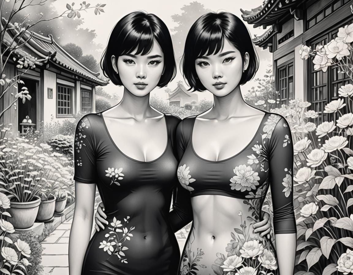 Ink Drawing of Two Women in Garden