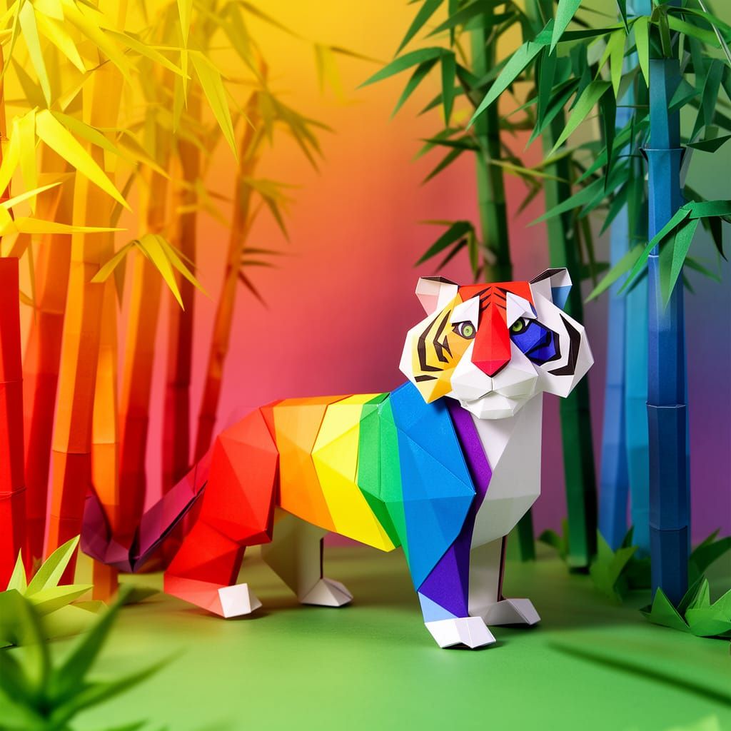 Origami Rainbow Tiger in Paper Bamboo Forest