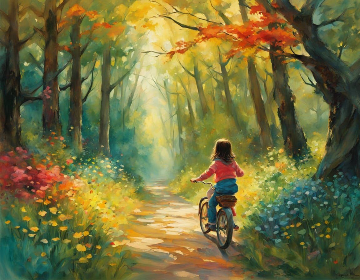Girl Rides Tricycle Through Colored Pencil Forest