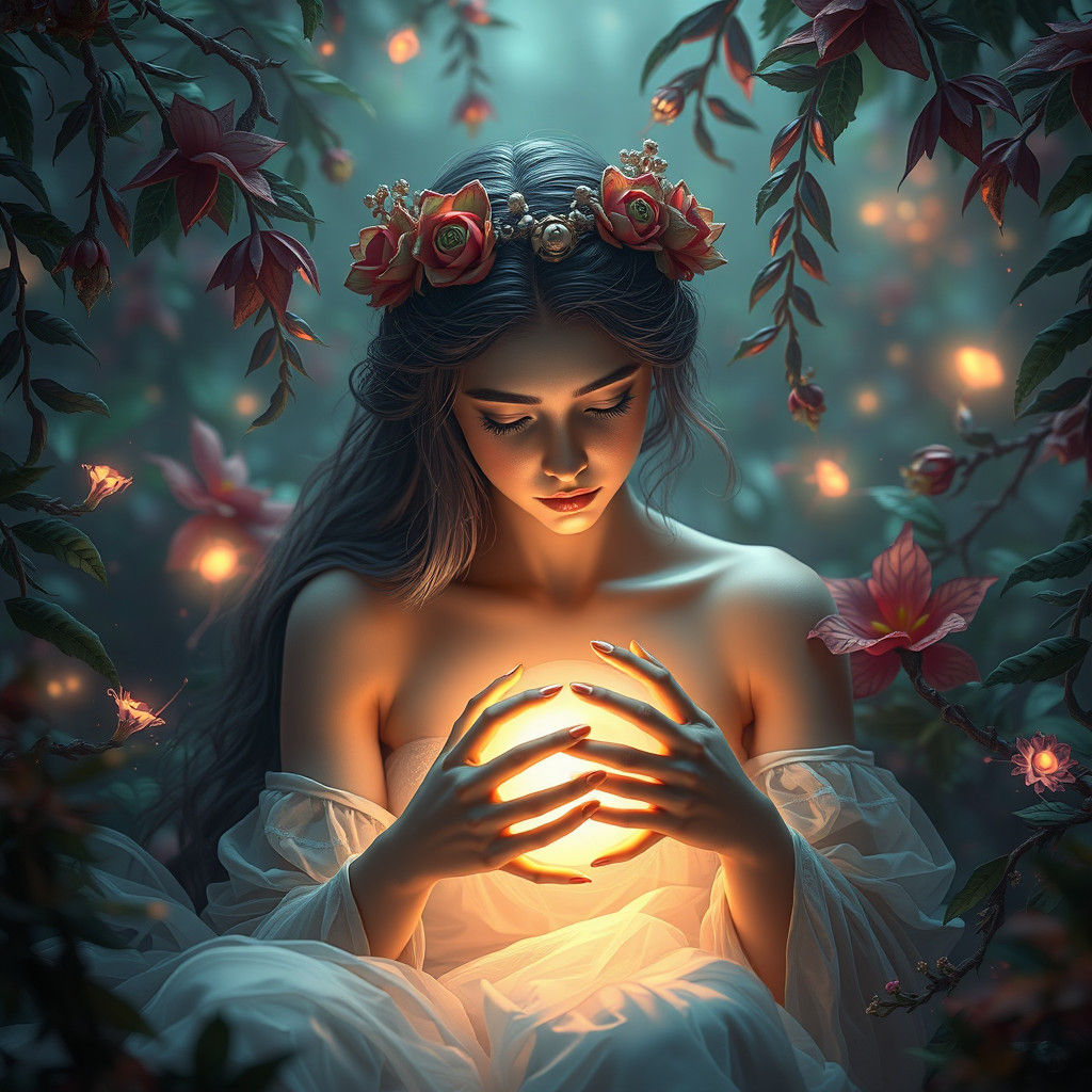 Ethereal Woman Cradling Dreamlike Aura in Fantasy Art