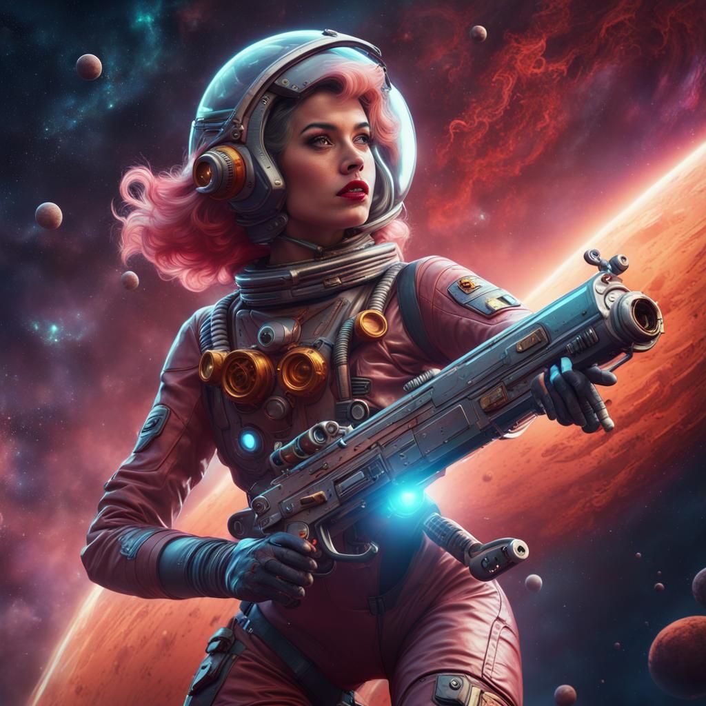 Retro Space Girl Shooting Ray Gun, Matte Painting