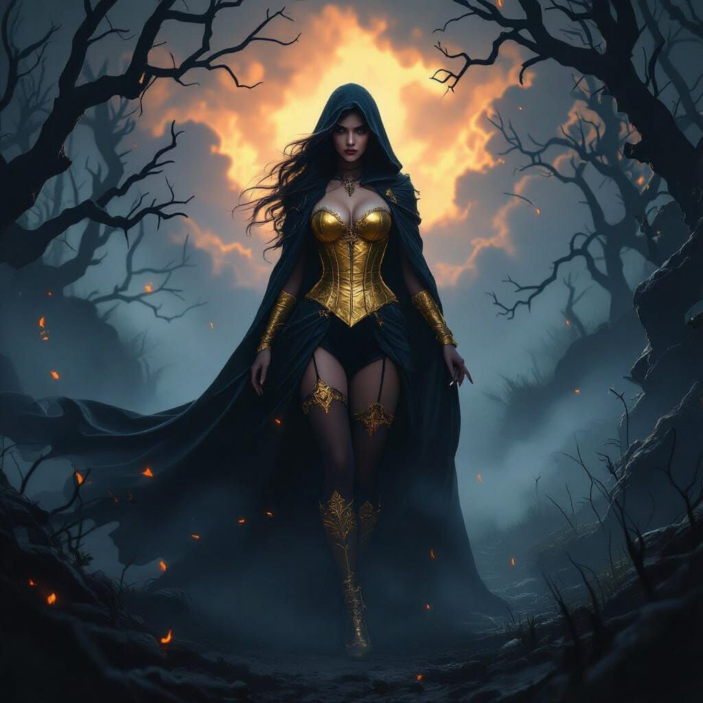 Mysterious Sorceress Silhouette in Ominous Forest