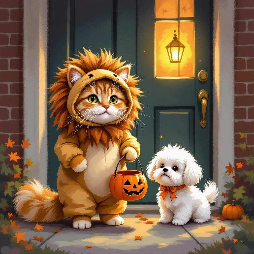 Cat and Dog Trick-or-Treating in Lion Costumes