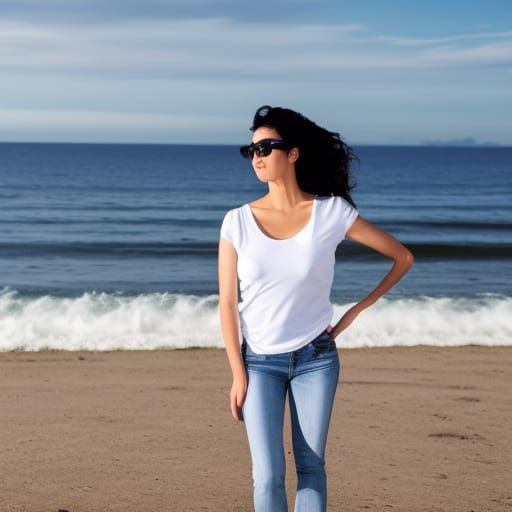 Sporty Woman with Black Hair on a Beach