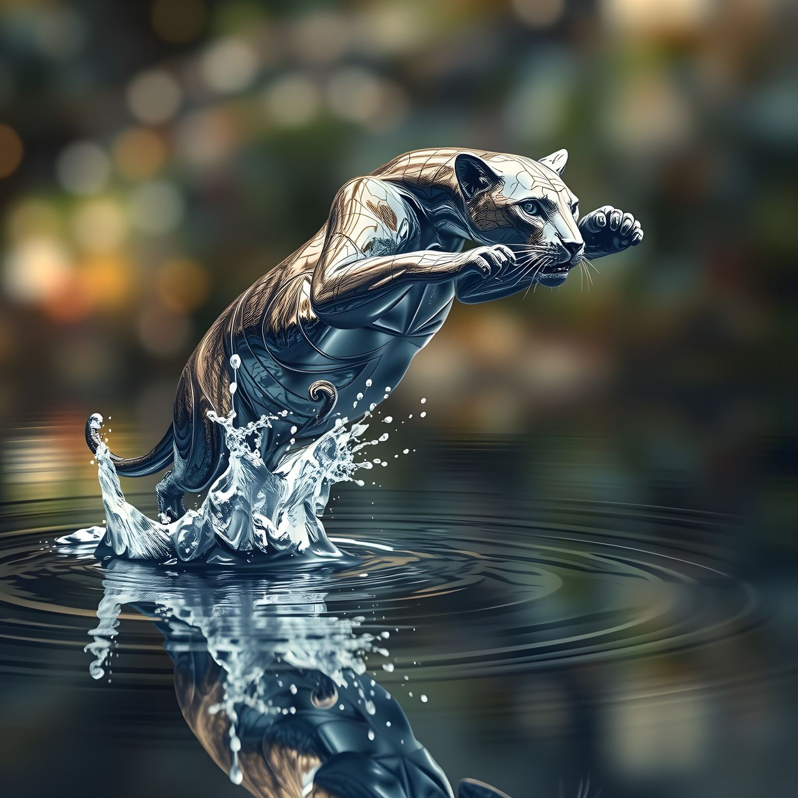 Mid-air Chrome Panther in Ripples of Liquid Metal