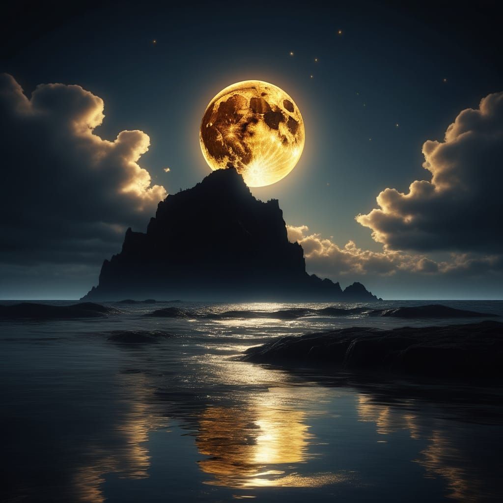 Molten Gold Moon Rises Over Obsidian Ocean in Surreal Dreams...